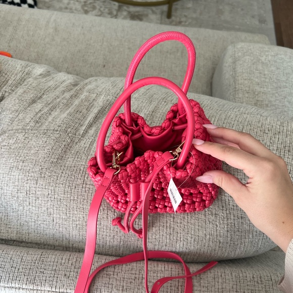 Anthropologie Woven Drawstring Handbag in Hot Pink - Picture 2 of 3